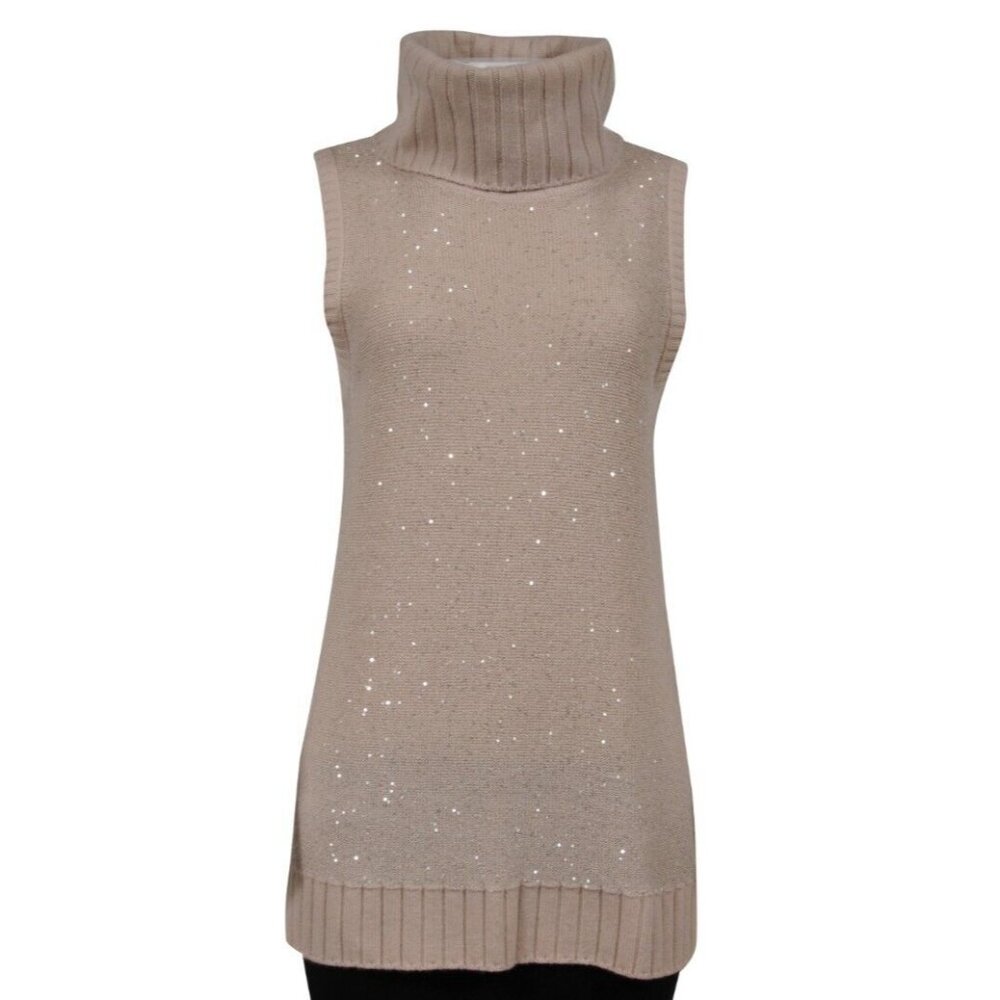 Neiman Marcus Cashmere Collection Womens Sequin Turtleneck Vest Large Beige